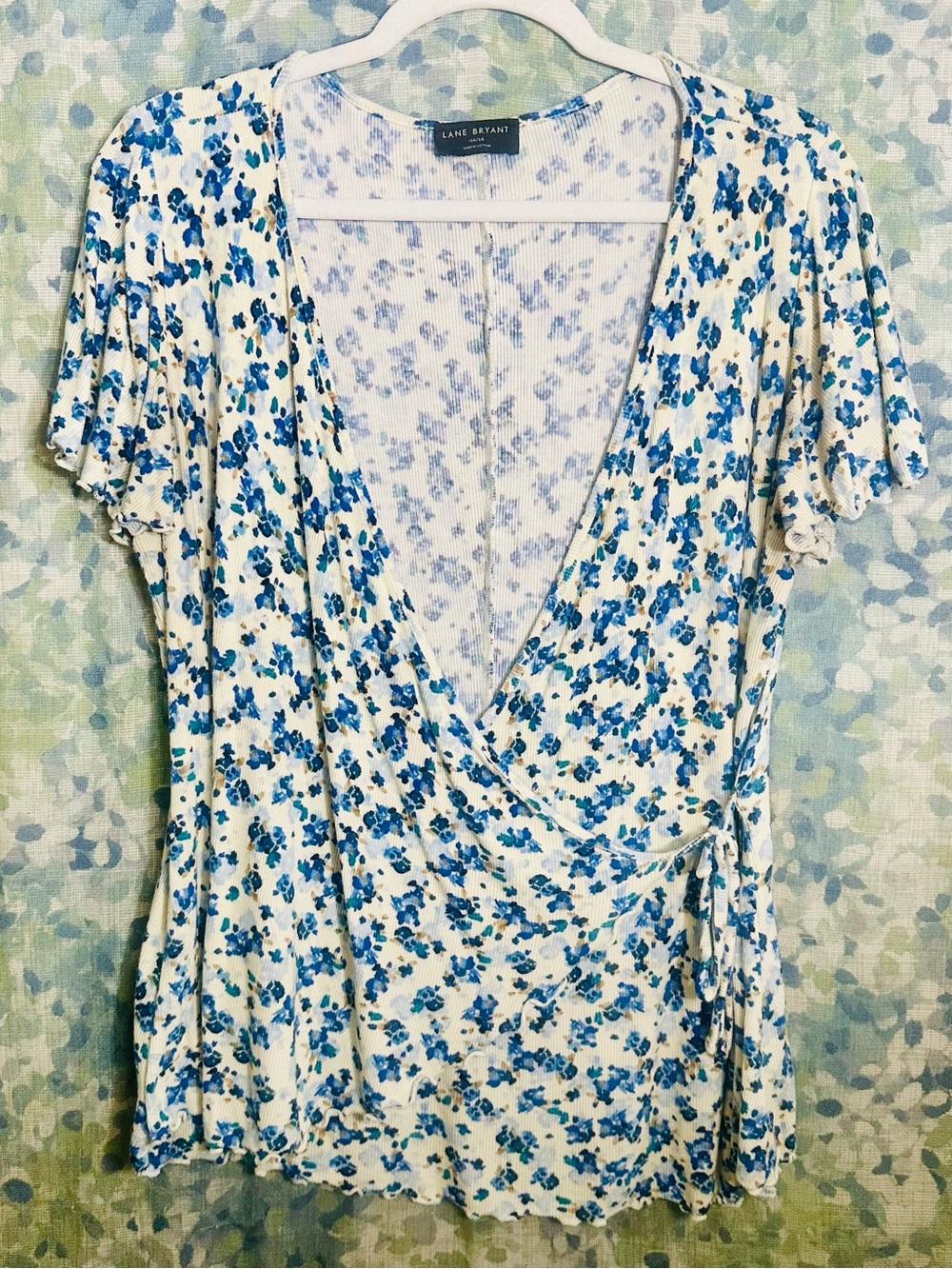 Lane Bryant 14/16 Blue Floral Ribbed Wrap Top Tie Waist